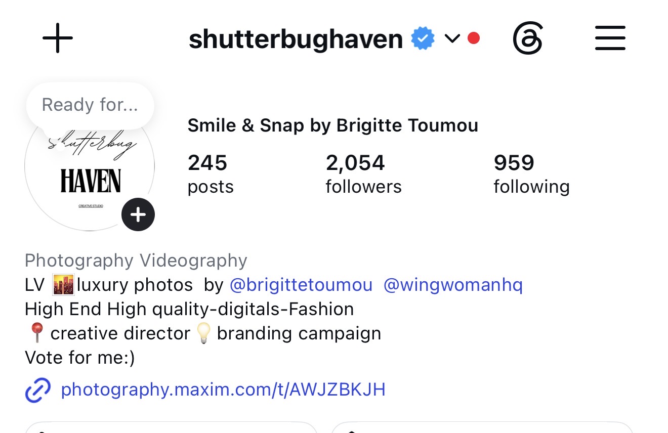 Instagram profile screenshot showing @shutterbughaven and audience numbers