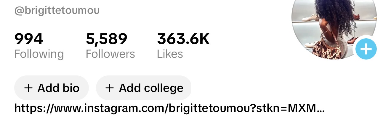 TikTok profile screenshot showing @brigittetoumou and audience numbers
