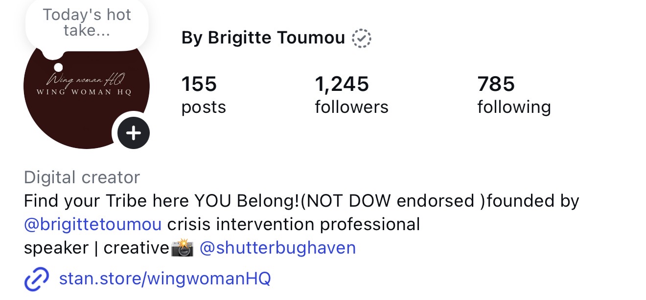 Instagram profile screenshot showing @wingwomanhq and audience numbers